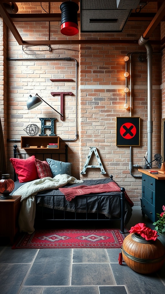 A stylish bedroom featuring an industrial design with red and black elements, including exposed brick walls and metal pipes.