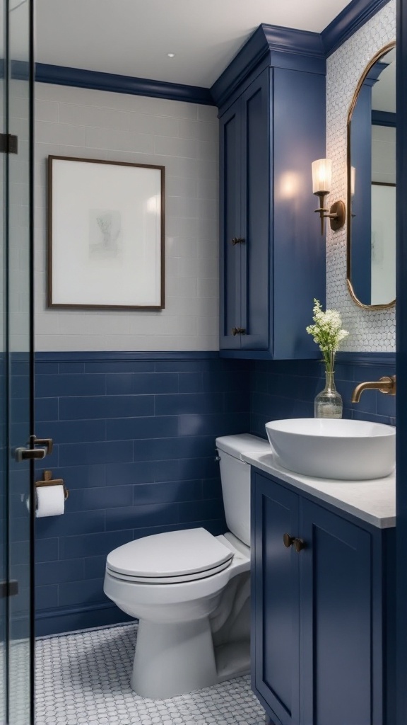 A stylish bathroom featuring navy blue accents, white fixtures, and elegant lighting.