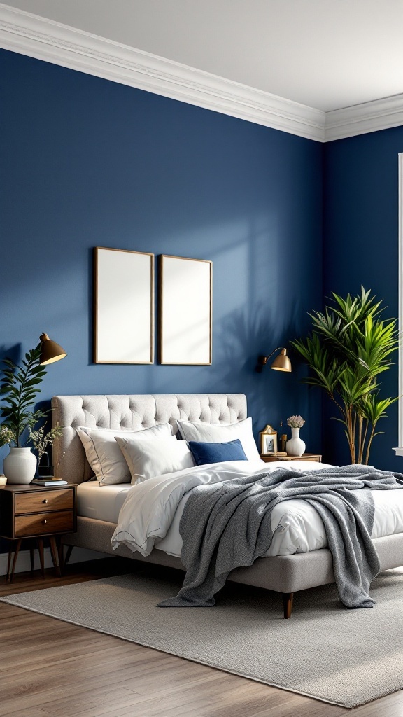 A bedroom featuring bold navy walls, white trim, a tufted bed, and indoor plants.