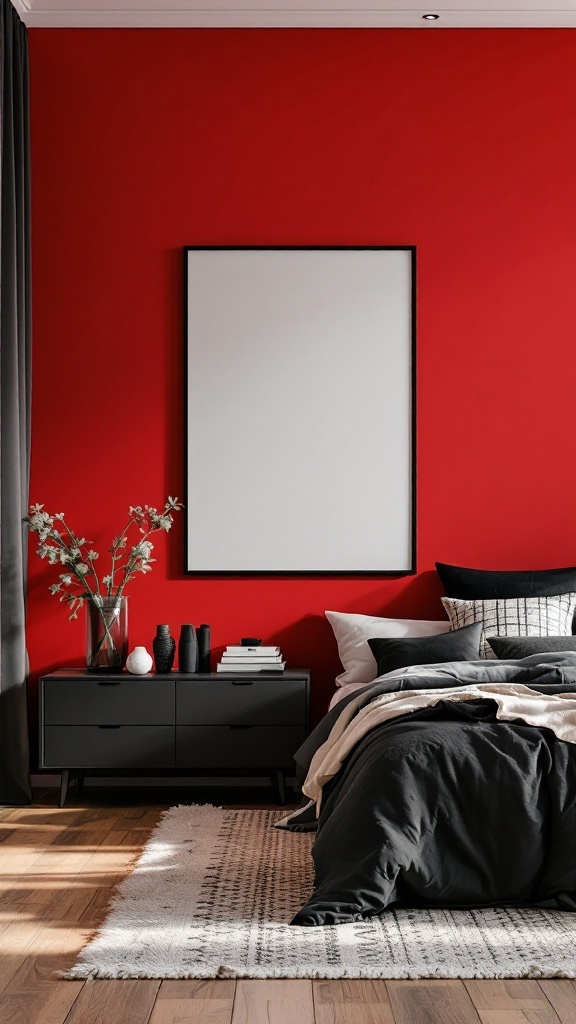 A cozy bedroom with a bold red accent wall, black bedding, and a stylish nightstand.