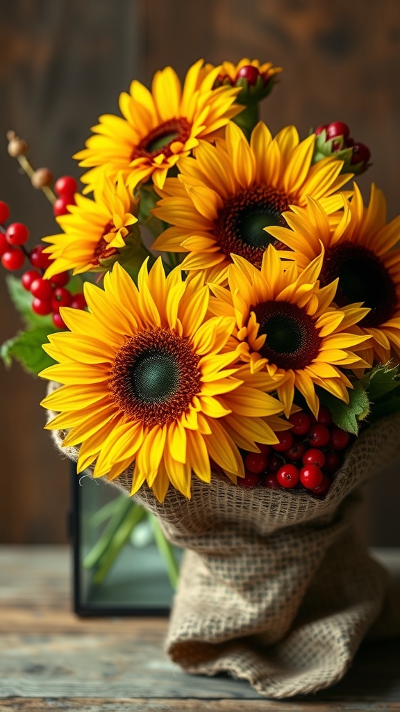 A vibrant bouquet of sunflowers and red berries arranged in burlap.