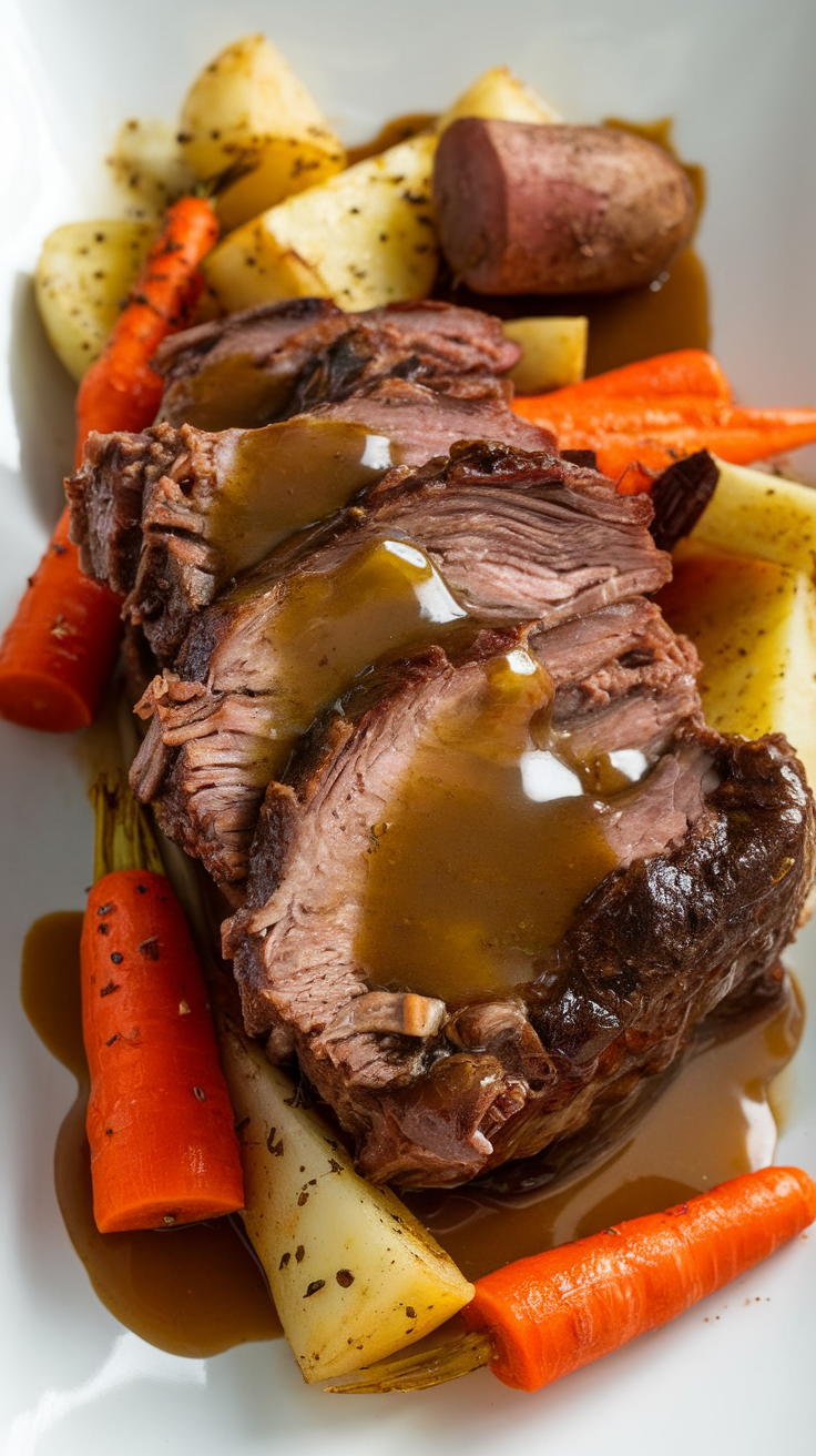 Braised short ribs served with root vegetables.