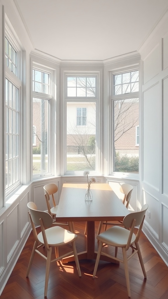 Cozy breakfast nook with large windows and a wooden table surrounded by chairs.