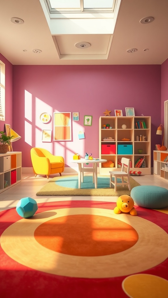 A bright and colorful play space designed for kids with purple walls, a cozy yellow chair, and a circular rug.