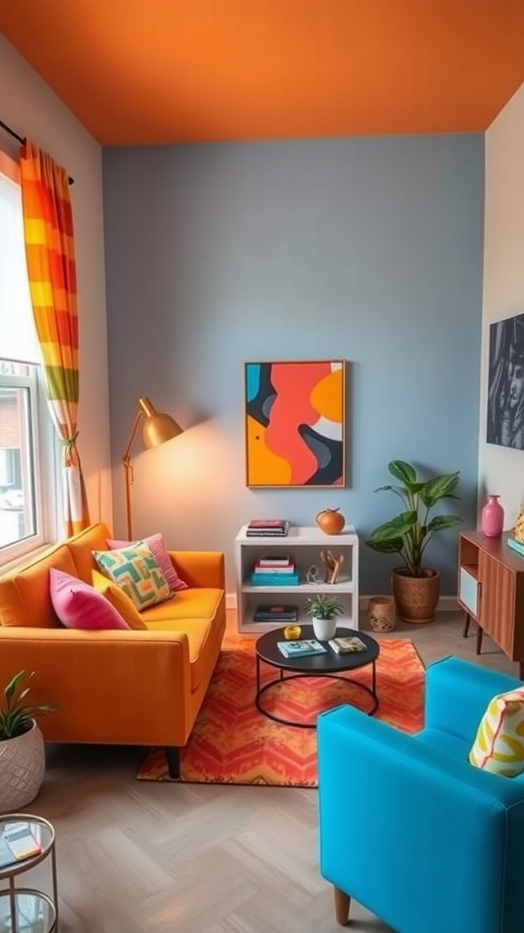 A small living room with bright orange and turquoise furniture, colorful curtains, and an inviting atmosphere.