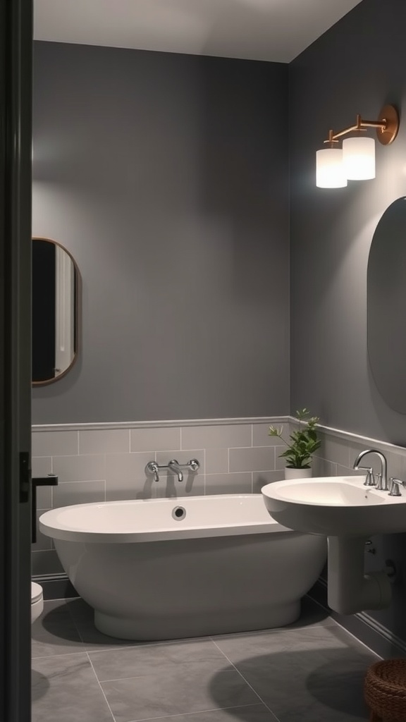 A stylish grey bathroom featuring a bathtub, sink, and modern lighting.