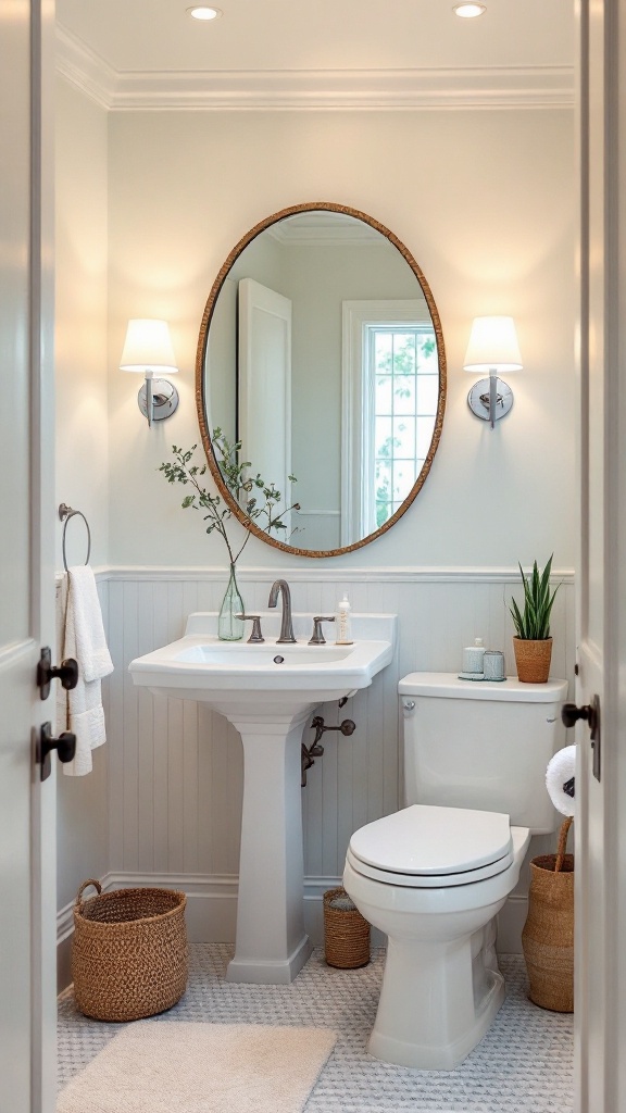 A small, bright bathroom featuring light colors and a round mirror
