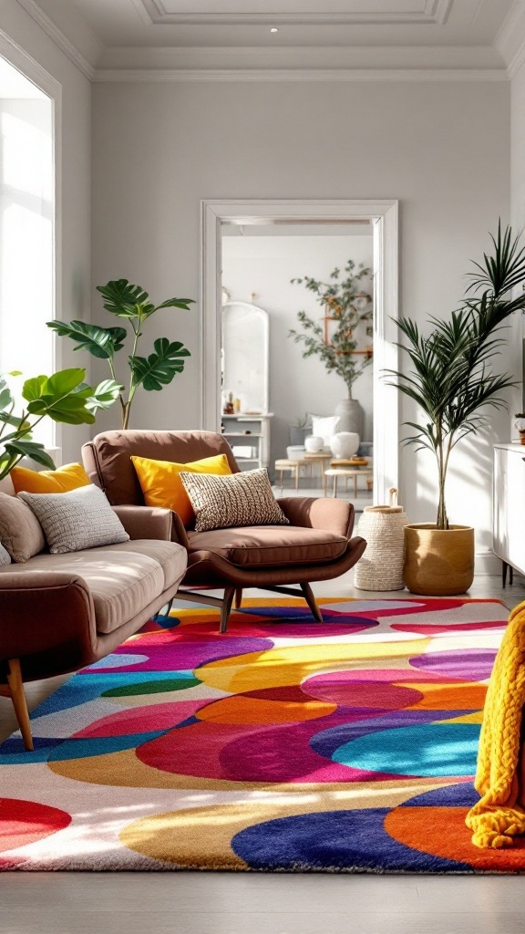A cozy living room with a brightly colored area rug featuring colorful circles, complemented by neutral furniture and plants.