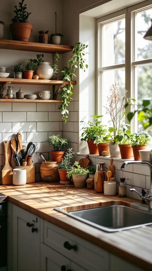 A small kitchen featuring wooden shelves with potted plants, a wooden countertop, and a sunny window.
