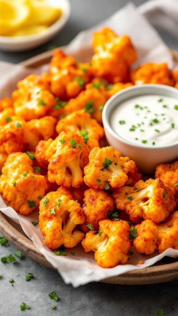 Buffalo cauliflower bites served with a dipping sauce, garnished with parsley.