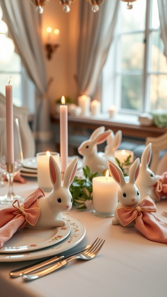 A beautifully set table with bunny figurines, pastel colors, and flowers for Easter decor.