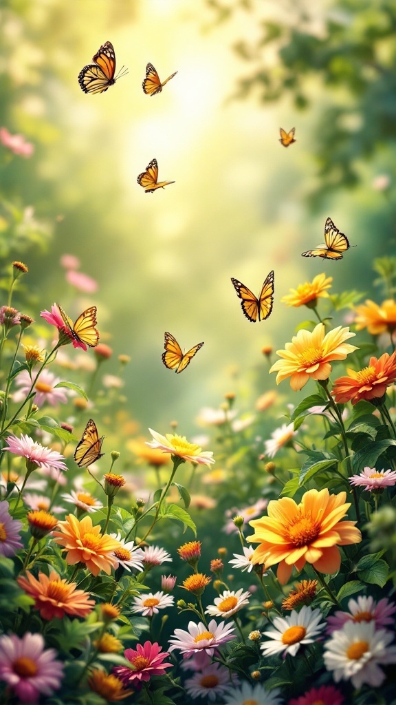 A vibrant butterfly garden filled with colorful flowers and butterflies