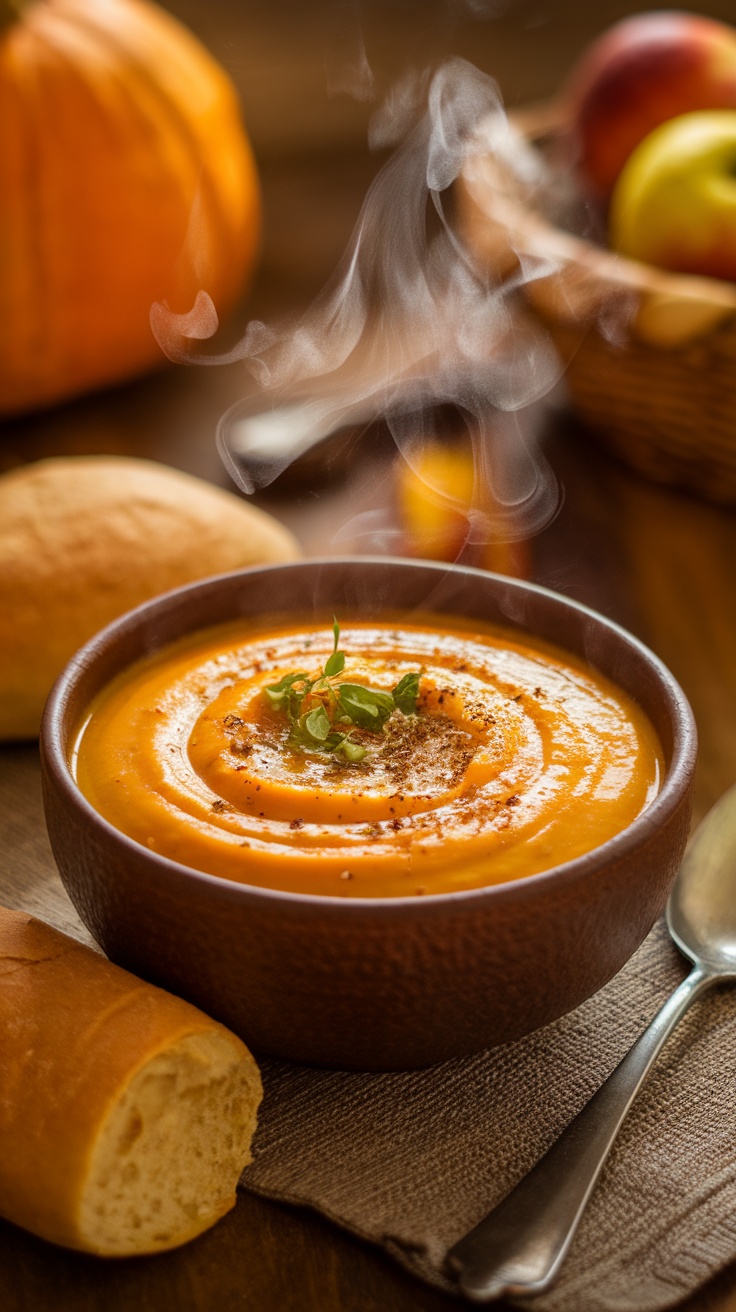 A warm bowl of butternut squash soup garnished with herbs, with rolls on the side.