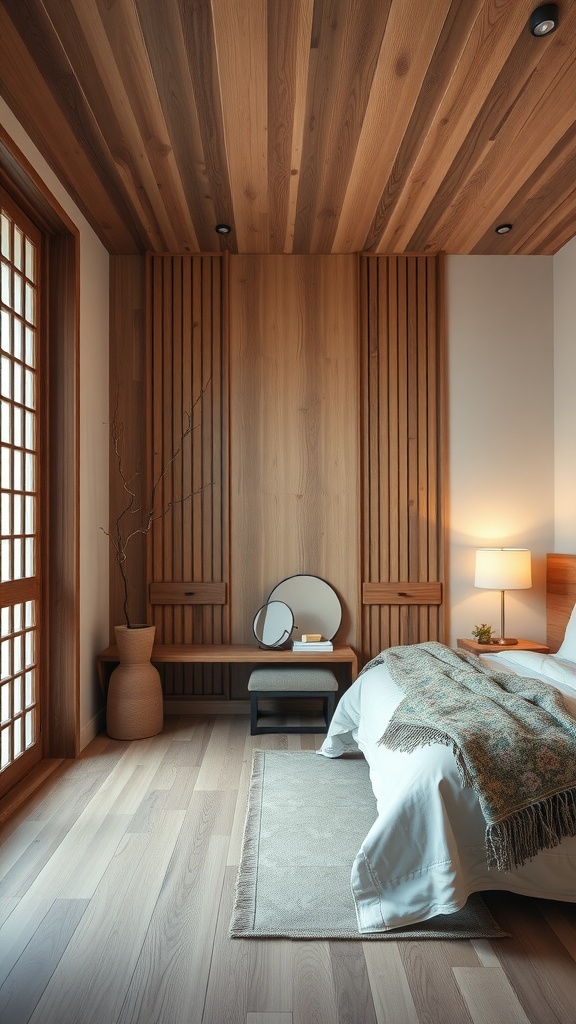 Cozy bedroom with wooden ceiling and earthy tones, featuring a warm atmosphere and natural elements.