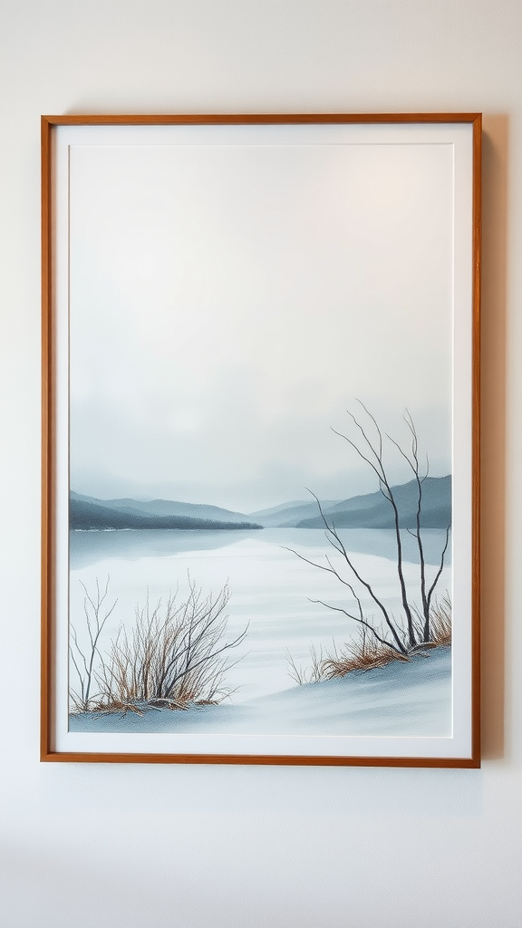 Minimalist winter landscape art featuring a calm lake and bare trees.