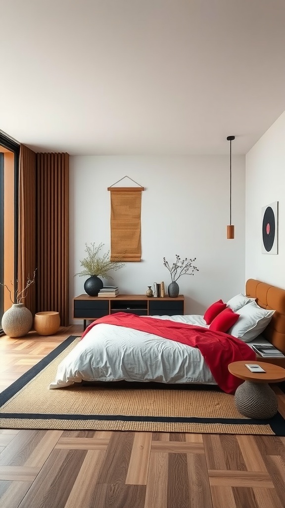A serene bedroom featuring a low bed with red and gray bedding, wooden furniture, and plants, creating a calming atmosphere.