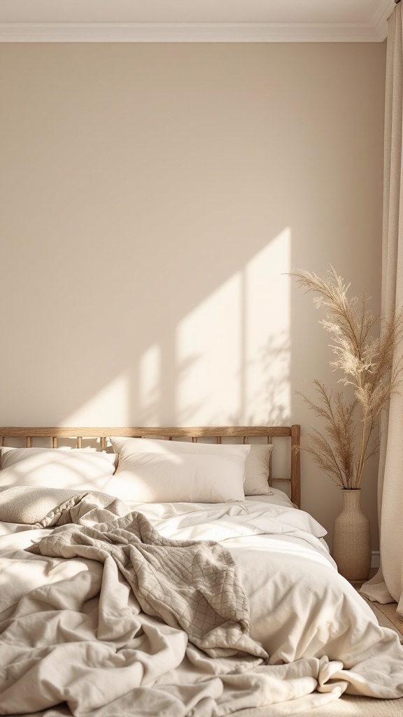 Comfy bedroom with soft beige tones, cozy bedding, and a simple plant for a calming atmosphere.