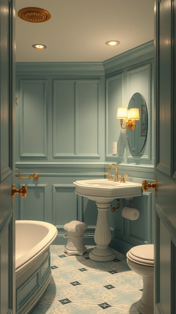 A soothing bathroom featuring light blue walls, elegant fixtures, and a tranquil atmosphere.