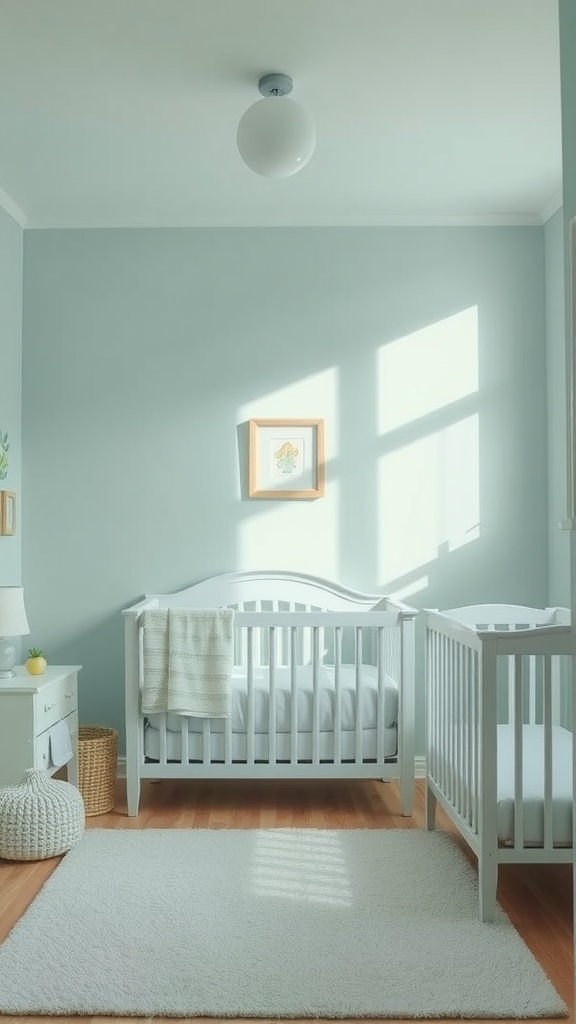 A calming nursery with soft blue walls, two cribs, and natural light.