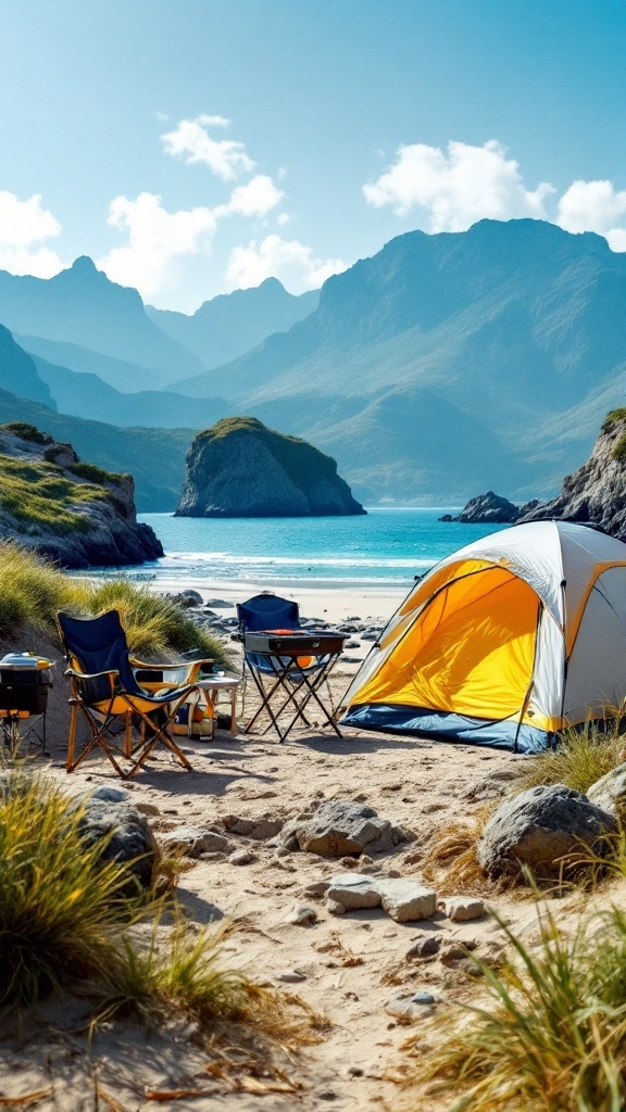 A sunny beach campsite featuring a yellow tent, two chairs, and a portable grill with mountains in the background.