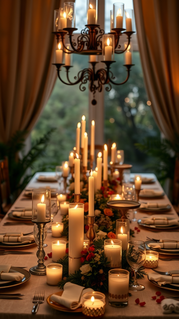 A cozy dining setup with a long table adorned with candles and flowers, perfect for a romantic or festive gathering.