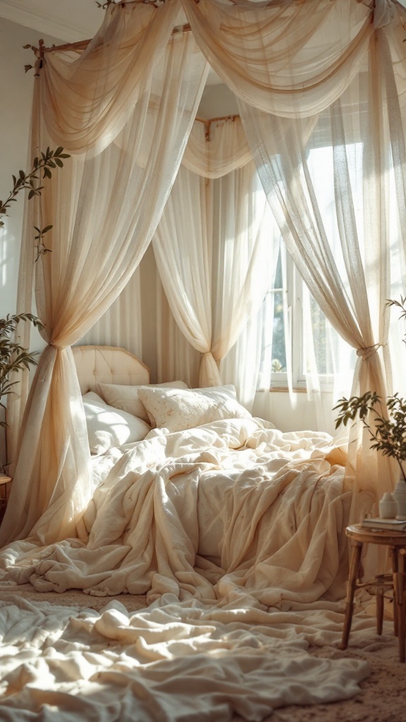 A cozy bedroom featuring a canopy bed with soft drapes and warm lighting