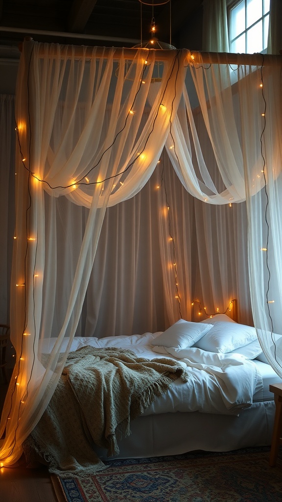 A cozy canopy bed with soft drapes and fairy lights