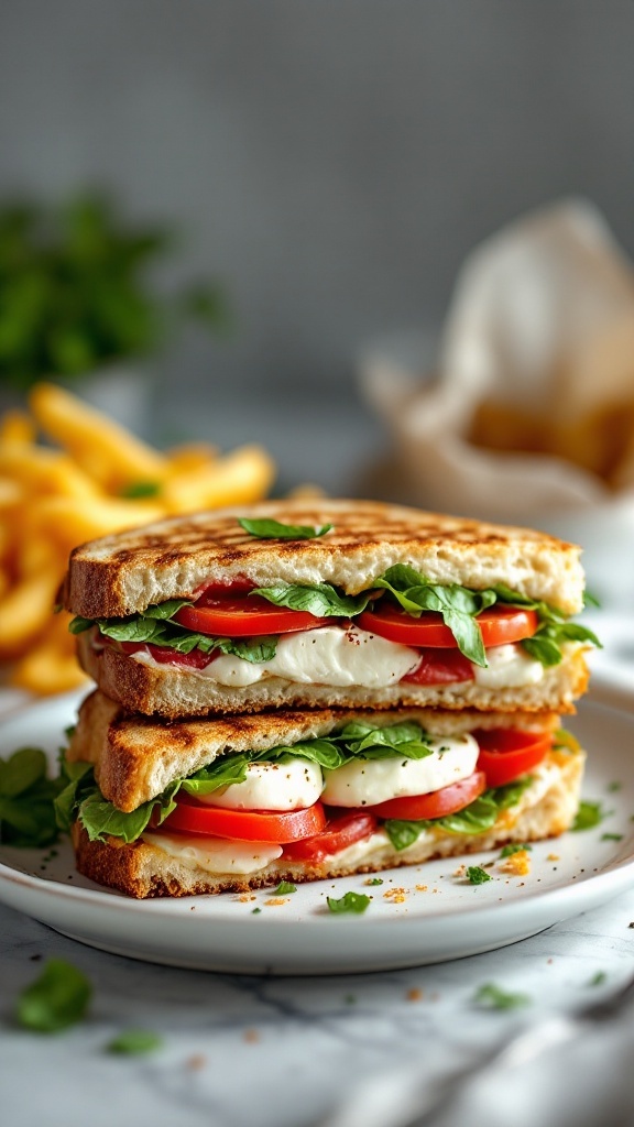 A delicious Caprese Panini sandwich stacked on a plate with fresh ingredients.