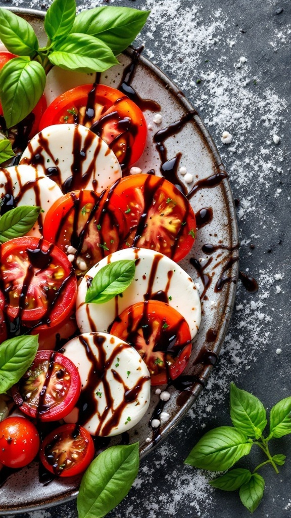A vibrant Caprese salad featuring layers of tomato and mozzarella topped with basil and balsamic glaze.