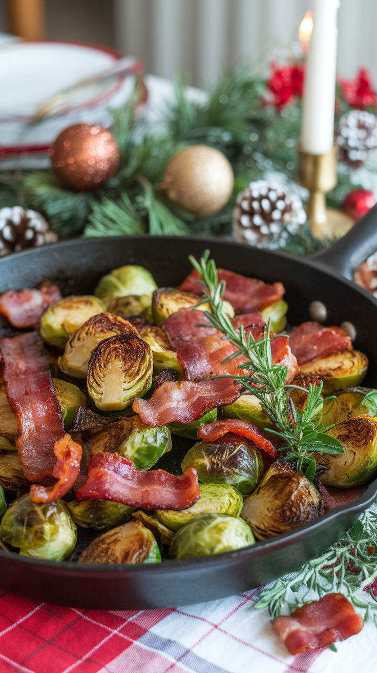 Caramelized Brussels sprouts with bacon in a skillet, garnished with fresh rosemary.