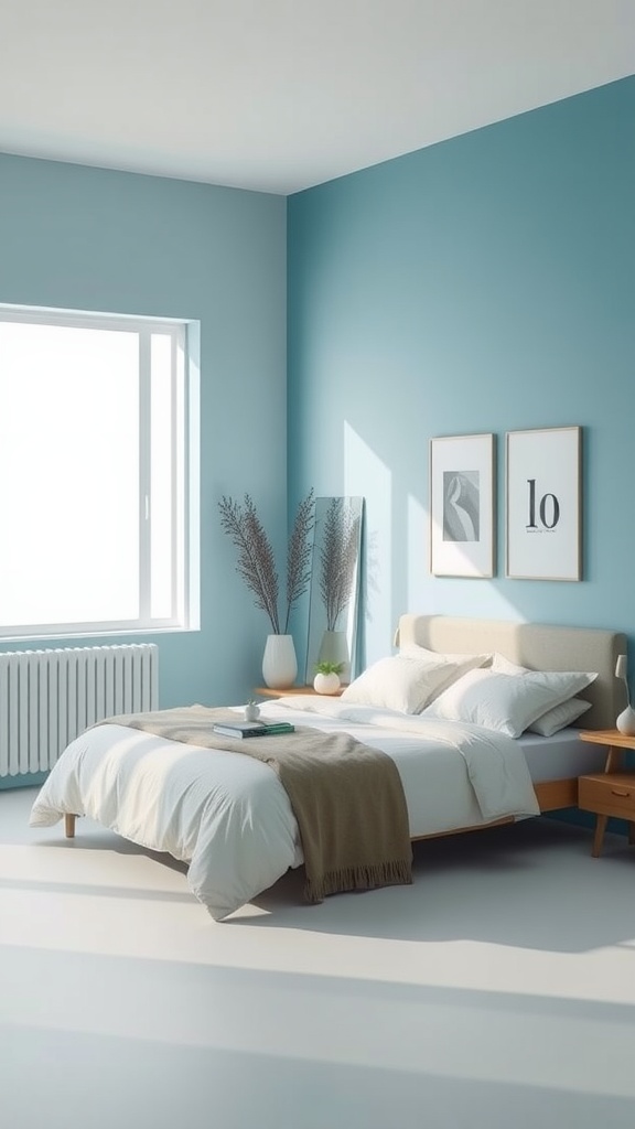 A minimalist bedroom with cerulean walls, a cozy bed, and simple decor