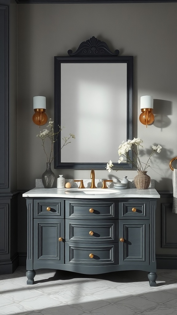 Charcoal grey bathroom vanity with marble countertop and gold accents