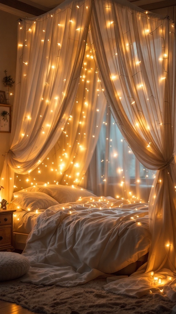 Cozy bedroom with canopy made of white curtains and warm fairy lights