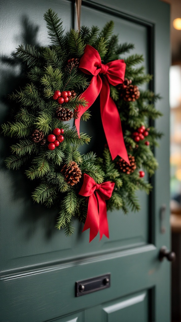 A charming Christmas wreath with red bows, berries, and pinecones on a kitchen door.