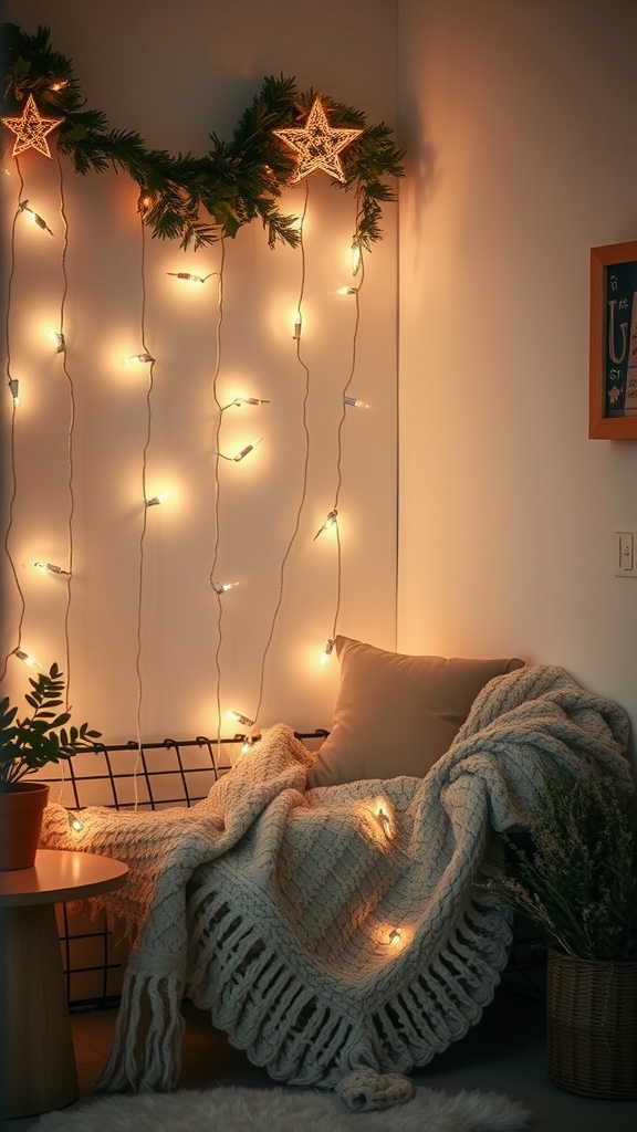 A cozy corner with fairy lights, a soft blanket, and potted plants.