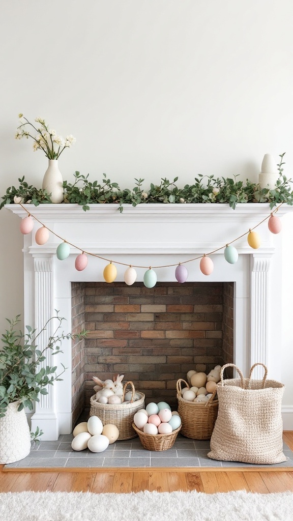 A charming Easter decor scene featuring a DIY garland of pastel eggs on a mantel.