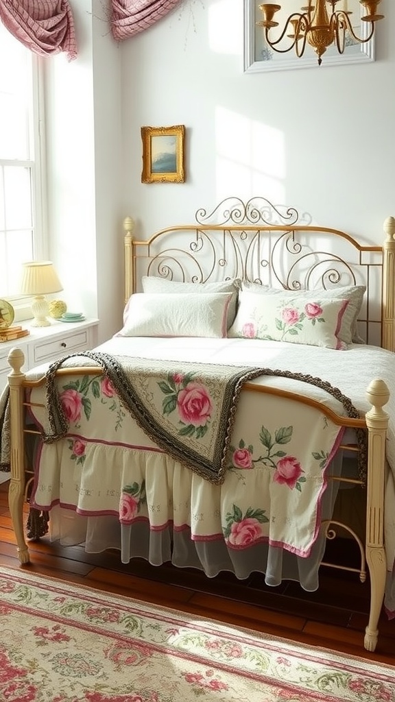 A beautifully arranged vintage bedroom featuring a floral bedspread, white bedding, and soft natural lighting.