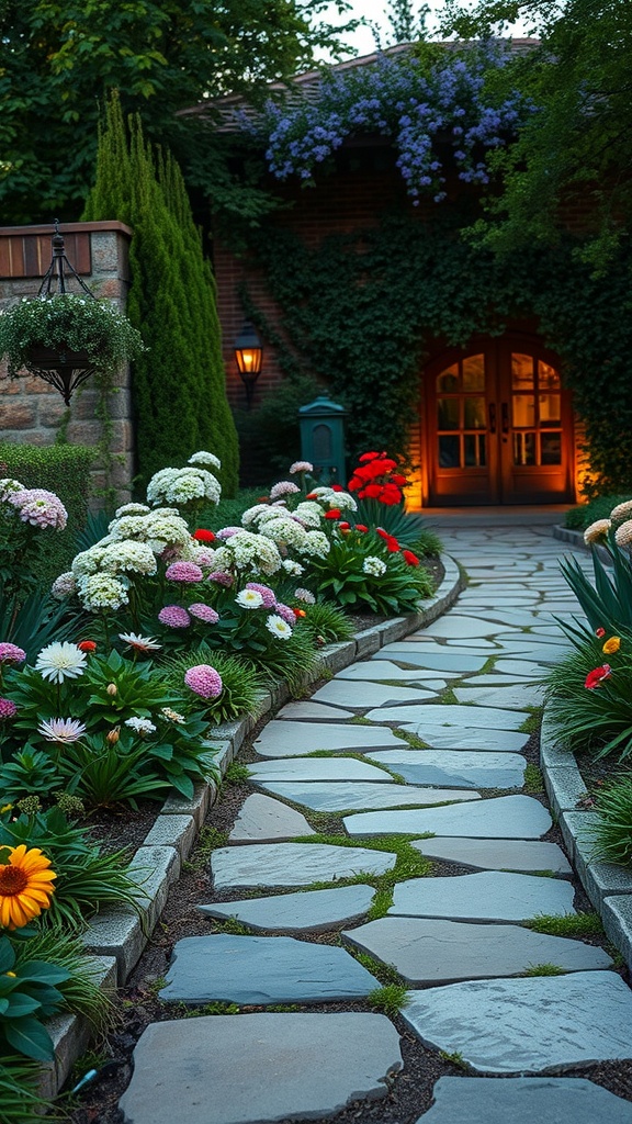 A charming garden pathway lined with colorful flowers and greenery.