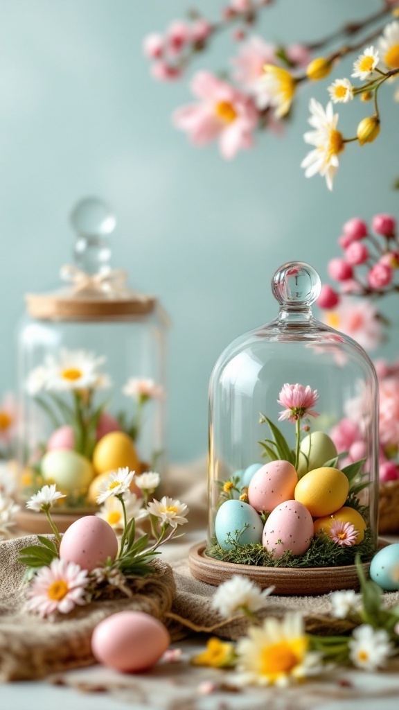 Charming glass cloche displays with pastel-colored Easter eggs and flowers