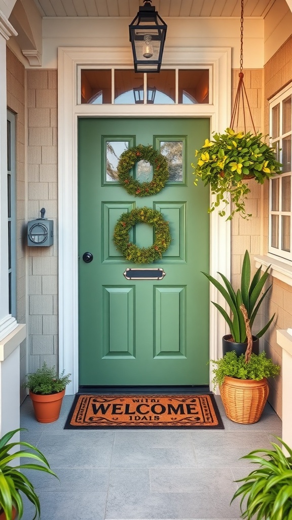 Charming green entryway with a green door, wreaths, and potted plants.