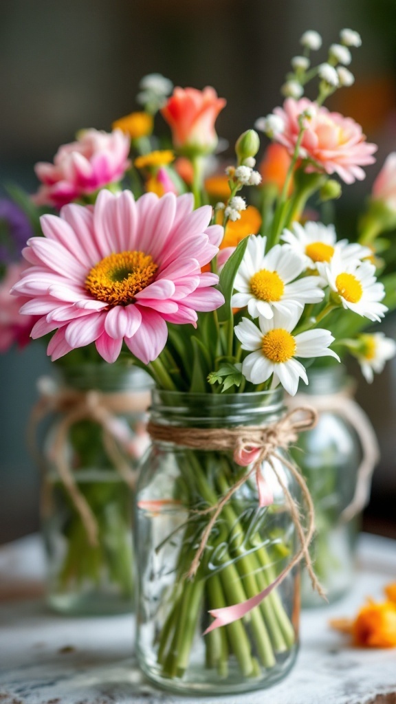 A collection of mason jar vases filled with colorful flowers, including pink and white daisies, tied with twine.
