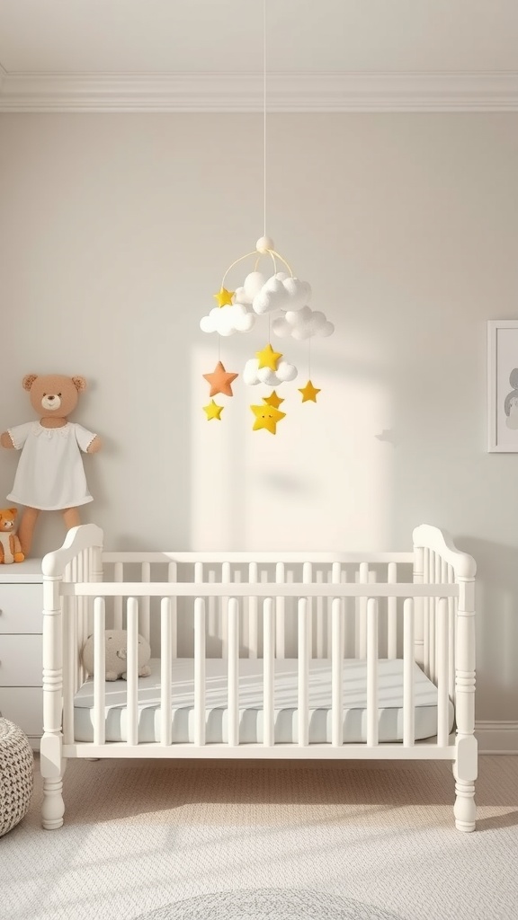 A nursery with a crib and a charming mobile of clouds and stars hanging above.