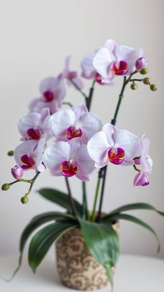 A beautiful cluster of pink and white orchids in a decorative pot.