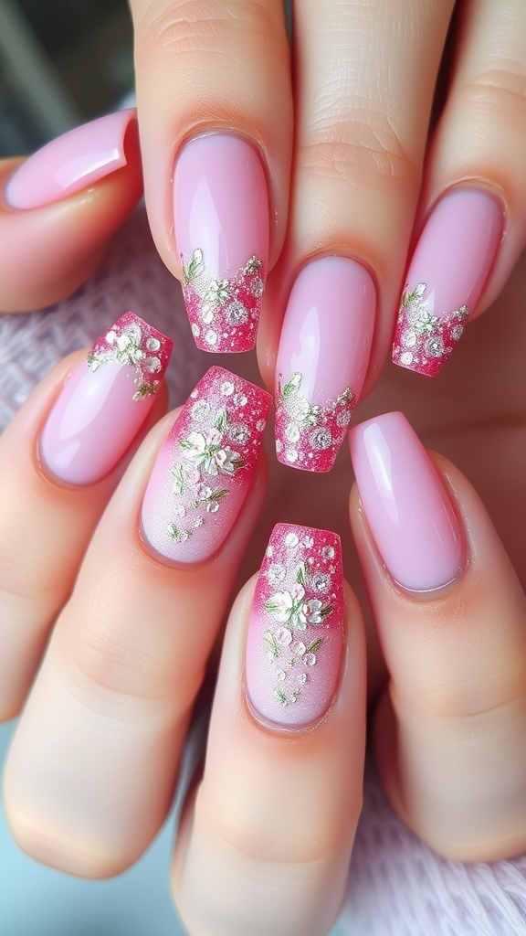 Charming pink ombre nails with floral accents