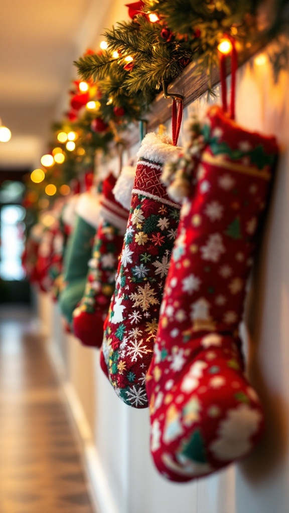 A row of colorful Christmas stockings hanging in a hallway with lights and greenery.