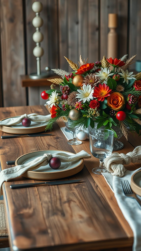 A beautifully arranged table with a floral centerpiece, plates, and glassware, ideal for a festive setting.