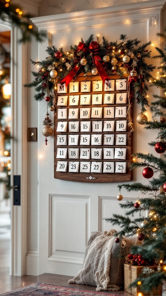 A beautifully decorated advent calendar with lights and ornaments, hanging in a cozy hallway.