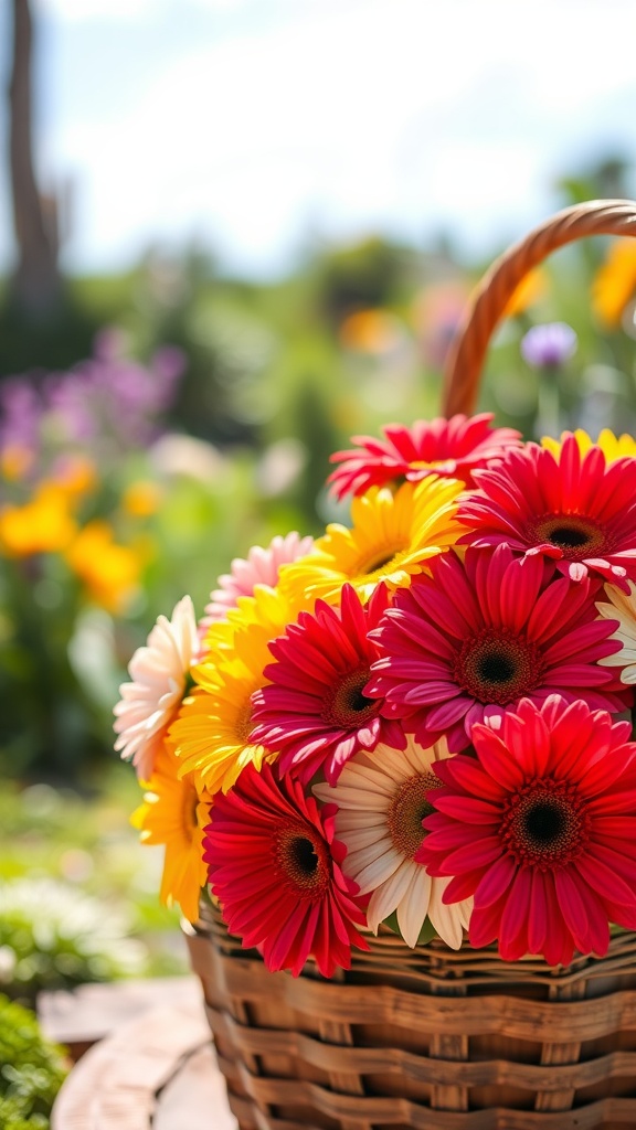 A basket filled with colorful Gerbera daisies in red, yellow, and pink.
