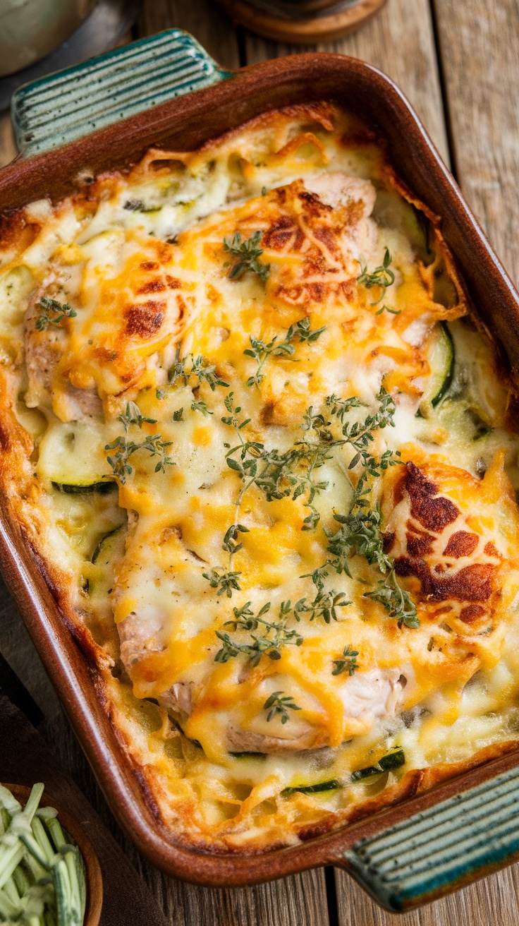 A delicious Cheesy Chicken and Zucchini Casserole topped with melted cheese and fresh herbs.