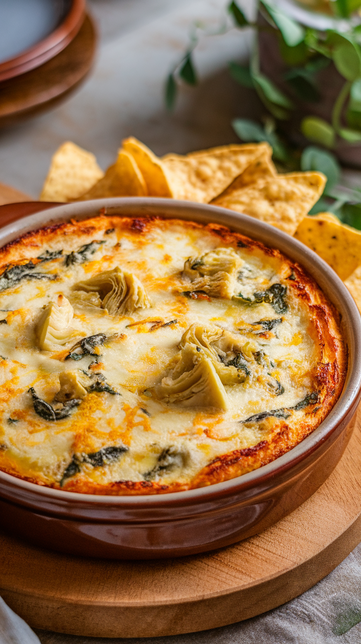 A warm, cheesy spinach and artichoke dip served in a bowl with tortilla chips on the side.